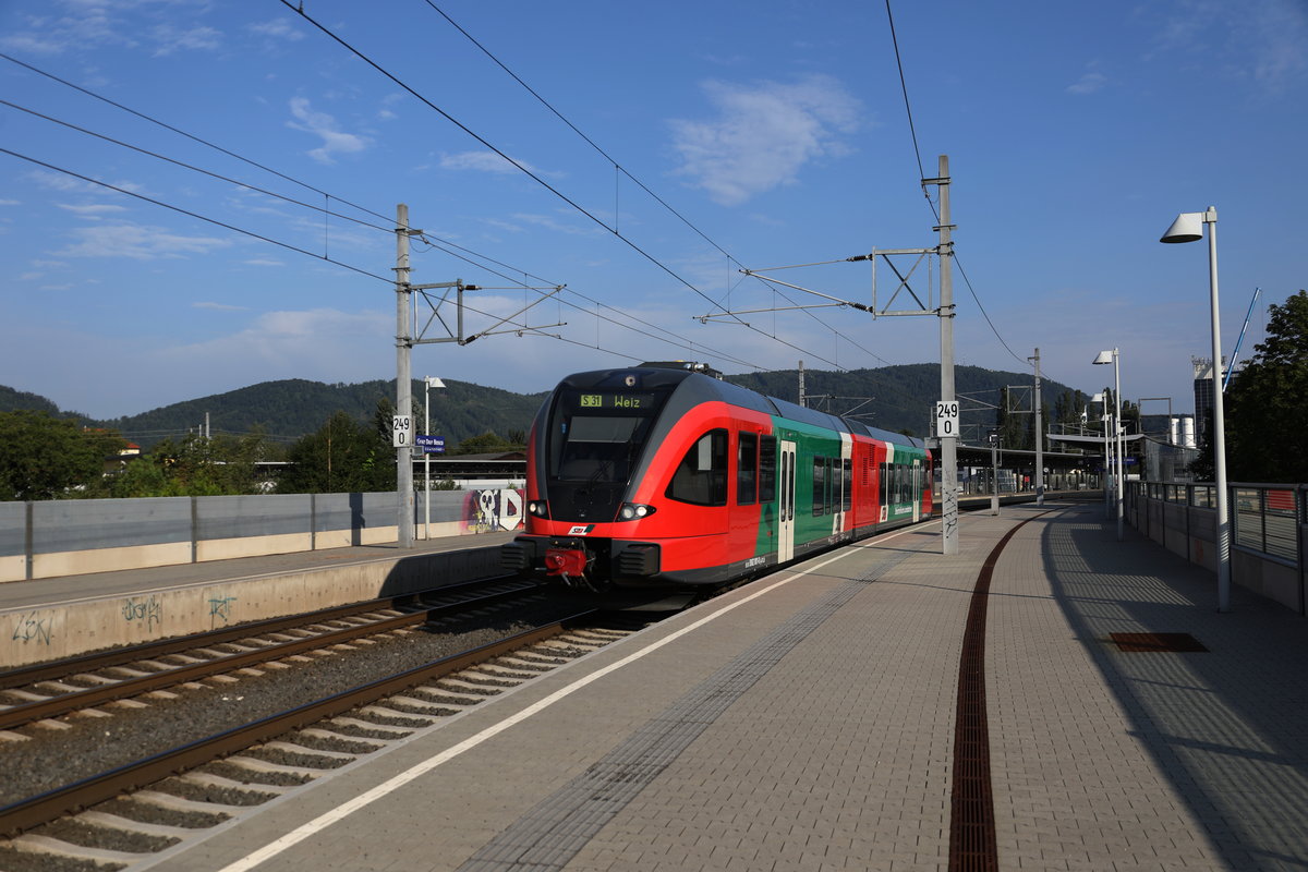 5062.01 der Steiermärkischen Landesbahn verlässt die Betriebsstelle Don Bosco gen Weiz am 25. August 2017