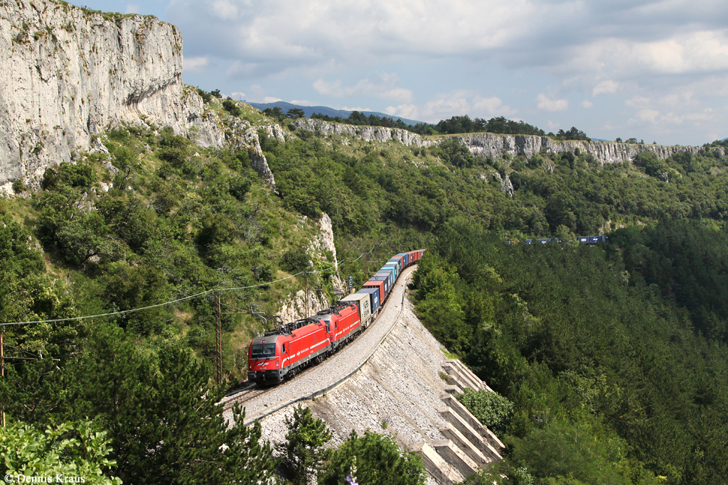 541 009 und eine Schwesterlok mit Containerzug am 09.08.2014 bei Crnotice.