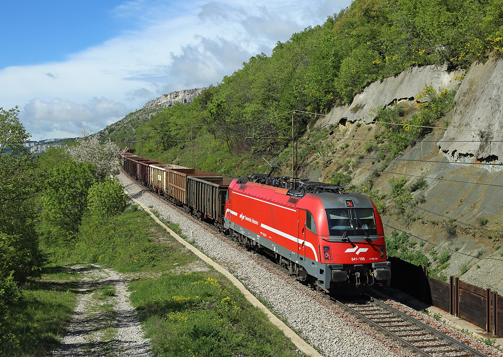 541 105 passes Hrastovljah whilst hauling a rake of empty wagons to the Port of Koper, 14 April 2016