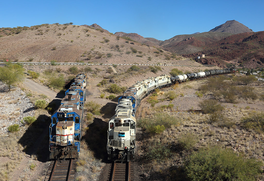 59, 55 ,52, 49 & 50 climb out of Clifton towards Morenci, 4 Nov 2019.

56, 51, 57 & 58 wait in the siding before fetching the third train