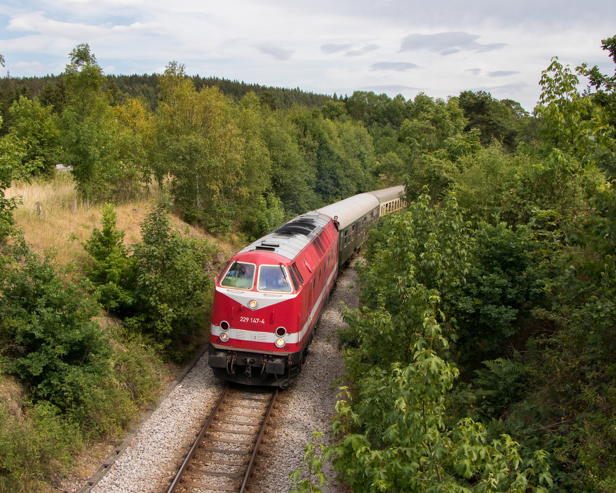 6. Juli 2019 in Harra: 229 147-4 ist mit dem Sonderzug vor einigen Minuten in Blankenstein gestartet. Der Fotograf dieses Bildes ist entweder 5 m groß, oder steht auf einer Brücke. ;-) 