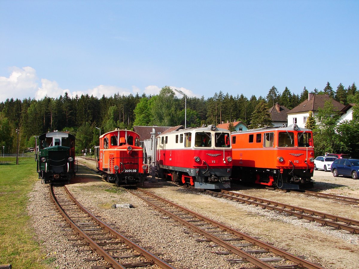  60 Jahre Diesellok 2095  Die Dieselloks der Serie 2095 feiern in 2019 ihren 60-jährigen Geburtstag. Es waren GmP-Sonderzüge mit 2095.05 und 2095.12 nach Weitra und Alt Nagelberg.
Es war auch eine Lokparade mit 4 Dieselloks (2x2095 + 2x2091).
Alt Nagelberg 25.05.2019.