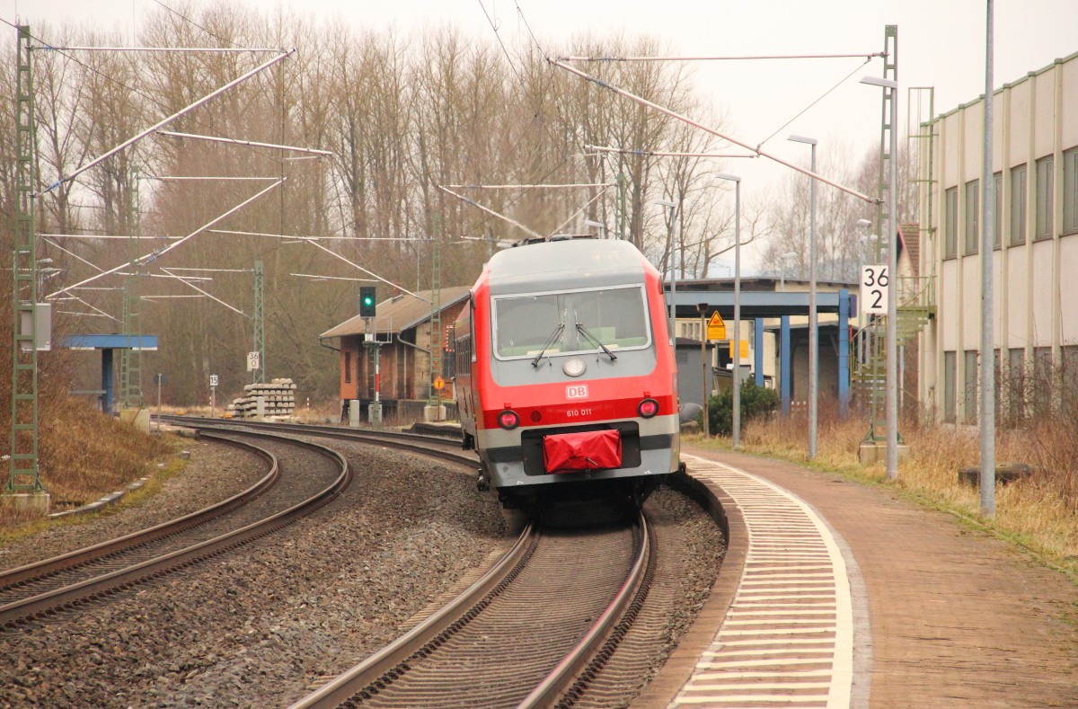 610 011 DB Regio in Michelau auf dem Weg von Hof ins DB Museum Koblenz, dort soll der VT dann fr Sonderfahrten eingesetzt werden. 11.02.2015