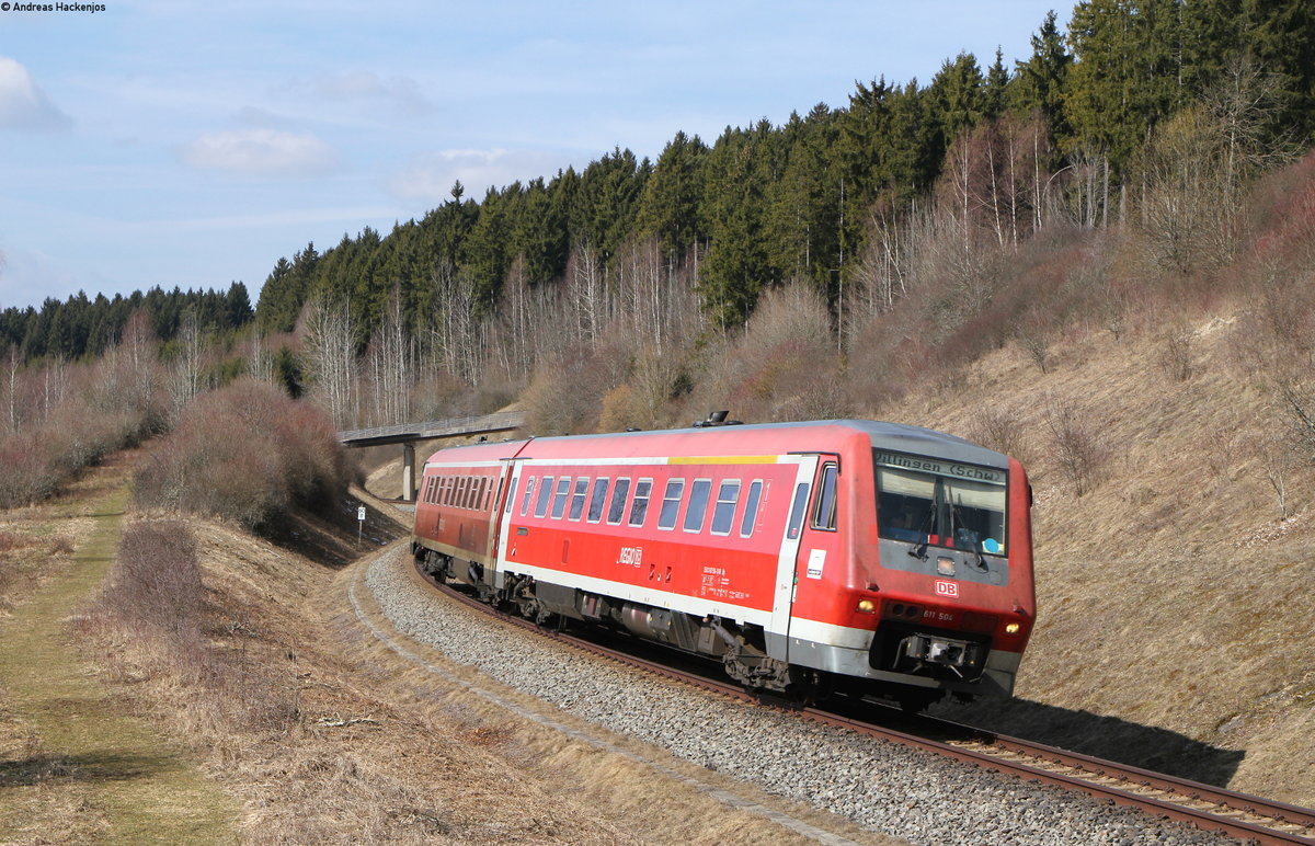 611 004-2 als RE 26384 (Neustadt(Schwarzw)-Villingen(Schwarzw)) bei Döggingen 25.3.18
