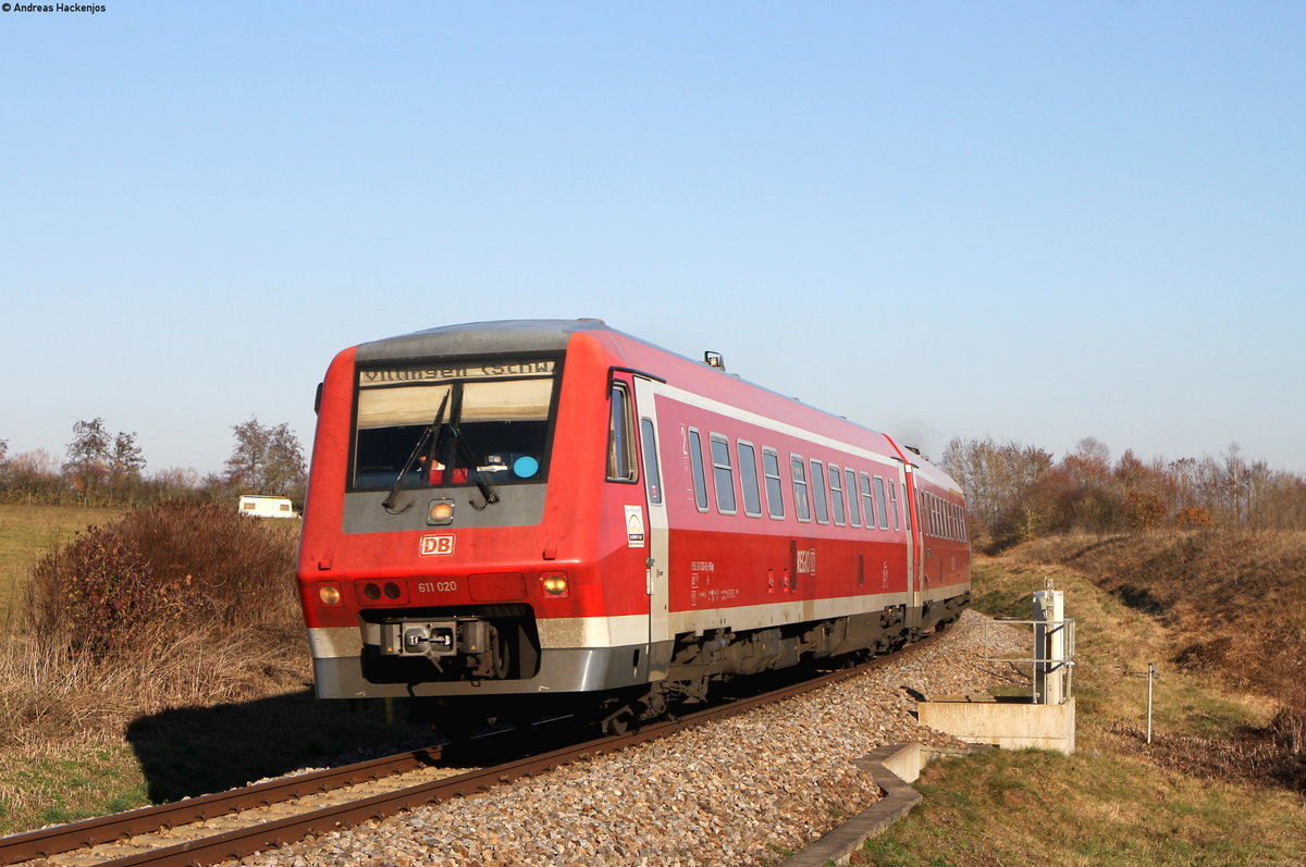 611 020-8 als RB 22311 (Rottweil-Villingen(Schwarzw)) bei Zollhaus 17.11.18