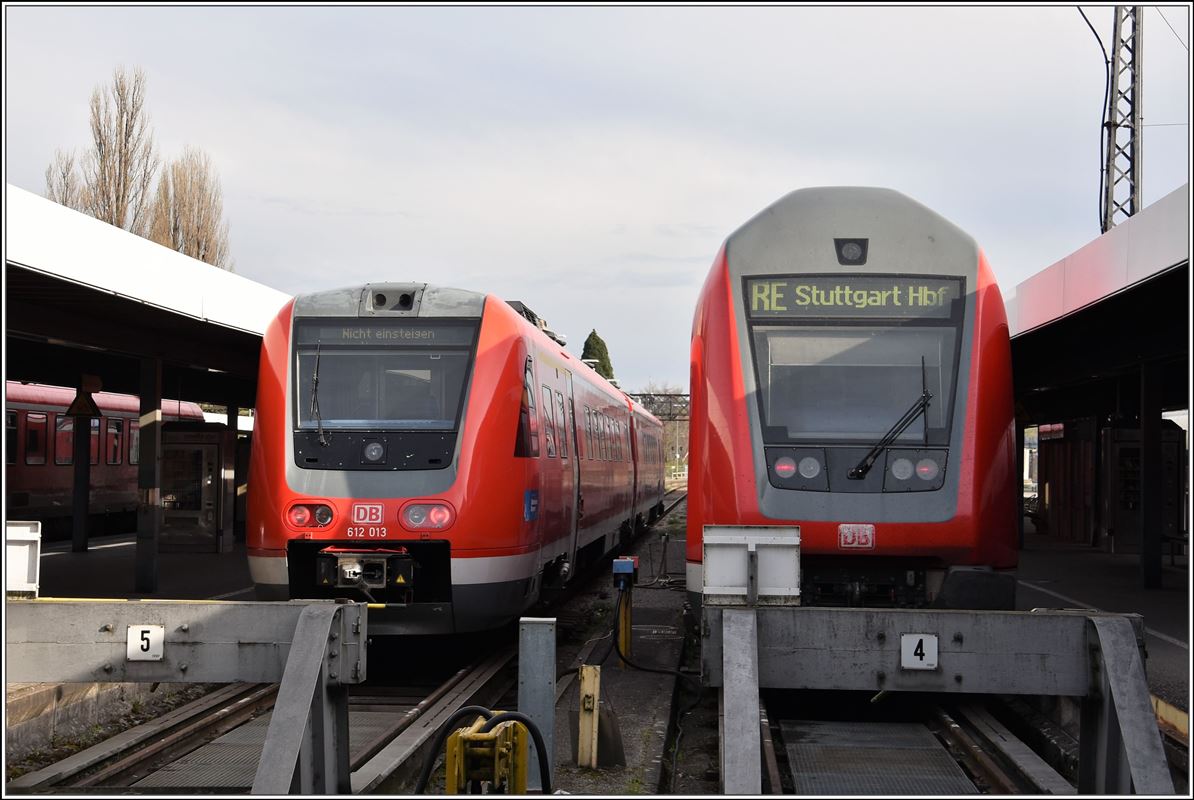 612 013 nach Augsburg und RE nach Stuttgart in Lindau Hbf. (13.04.2018)