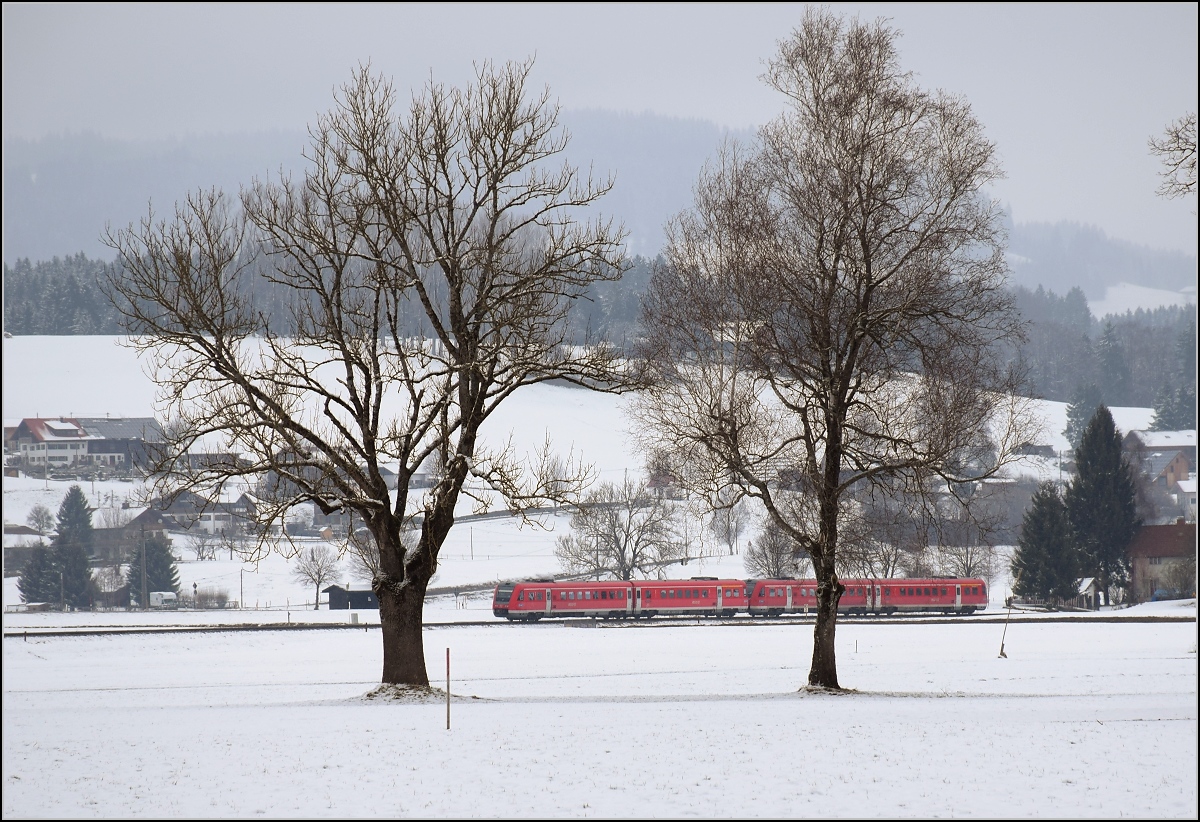 612 075 und 612 119 bei Flecken im Allgäu. Februar 2018.
