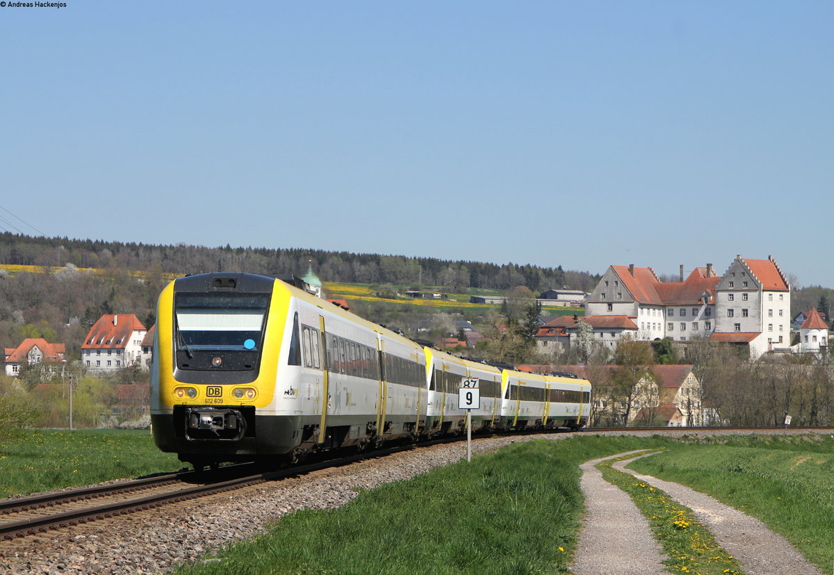 612 109-8; 612 142-9 und 612 122-1 als IRE 3260 (Aulendorf-Stuttgart Hbf) bei Scheer 20.4.19