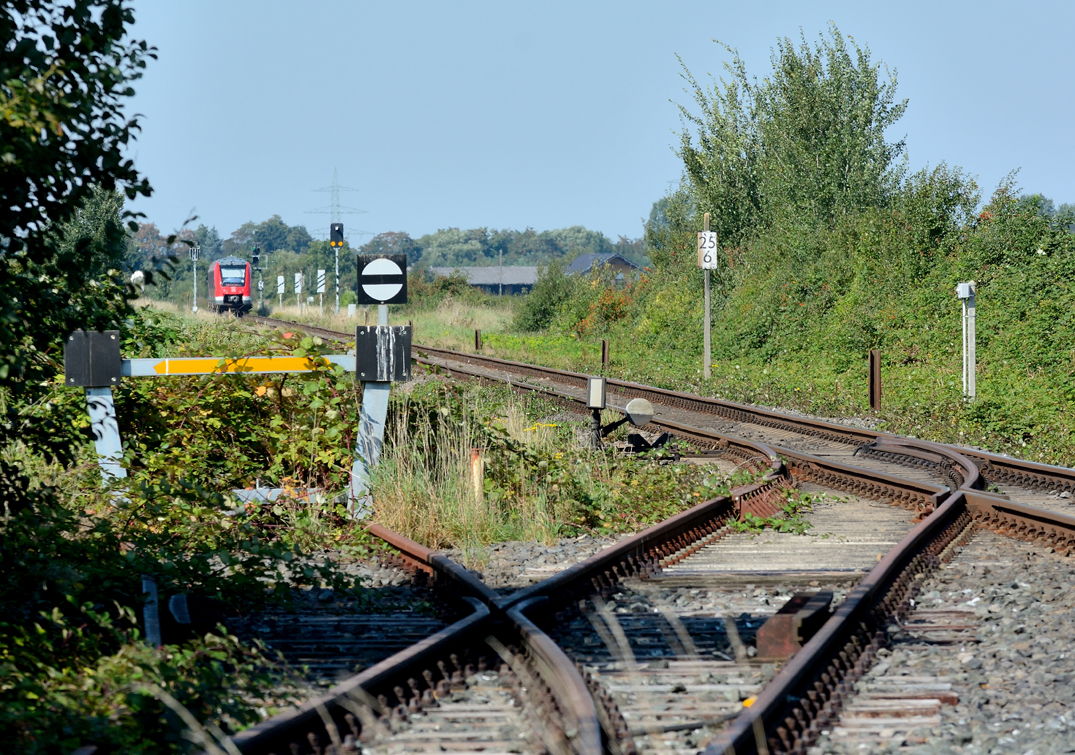 620 527 S23 von Bonn nach Bad Münstereifel, entschwindet in Richtung Odendorf. 
Teleaufnahme vom stillgelegten NATO-Gleis in der  Pampas  zwischen Rheinbach und Odendorf - 11.09.2015