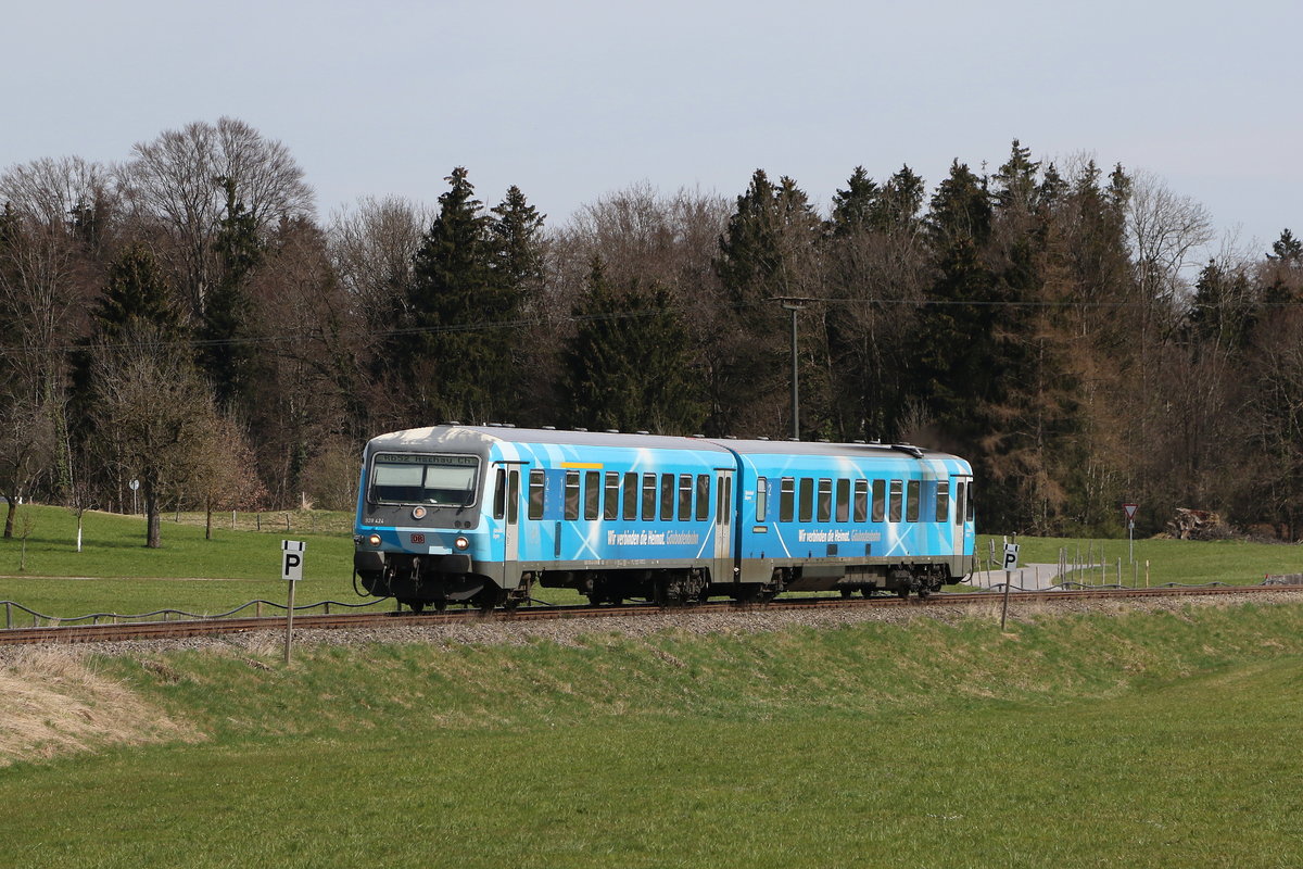 628 424 war am 5. April 2021 auf der  Chiemgau-Bahn  zwischen Prien am Chiemsee und Aschau im Chiemgau im Einsatz.