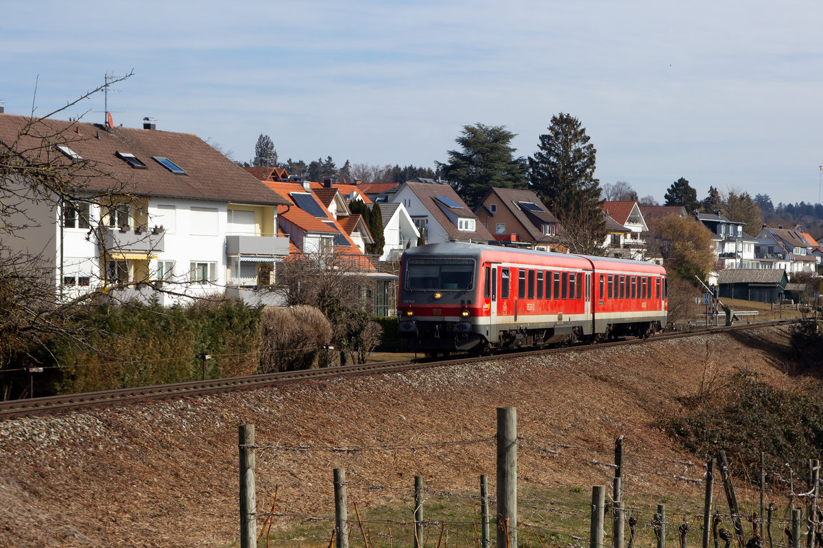 628 548 kurz vor Nonnenhorn, Fahrtrichtung Friedrichshafen. 24.2.19