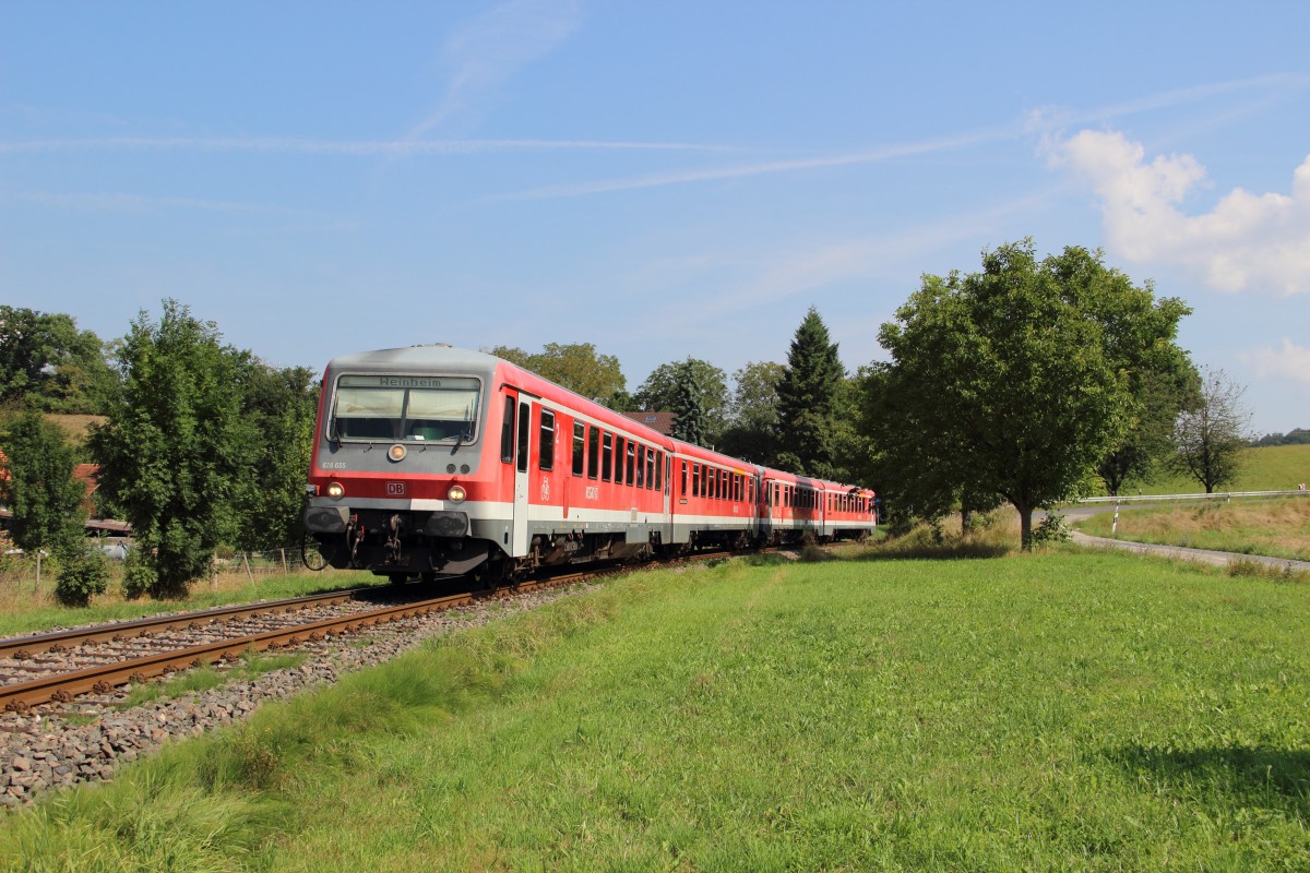 628 655 & 628 441 als RB 28318 (Fürth(Odenw) - Weinheim(Bergstr)) bei Reisen (Hess) am 29.08.13
