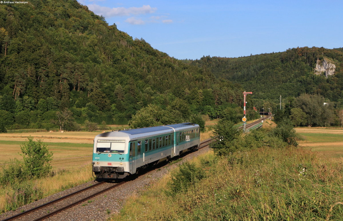 628 673-5/628 486-2 als RE 22324 (Ulm Hbf-Donaueschingen) bei Fridingen 29.7.20