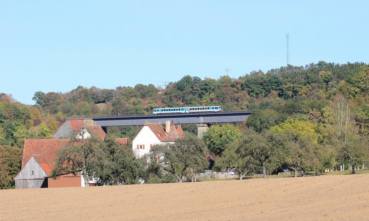628 673/436 als RB Hessental-Öhringen auf dem Tullauer Viadukt am 29.09.2018. 