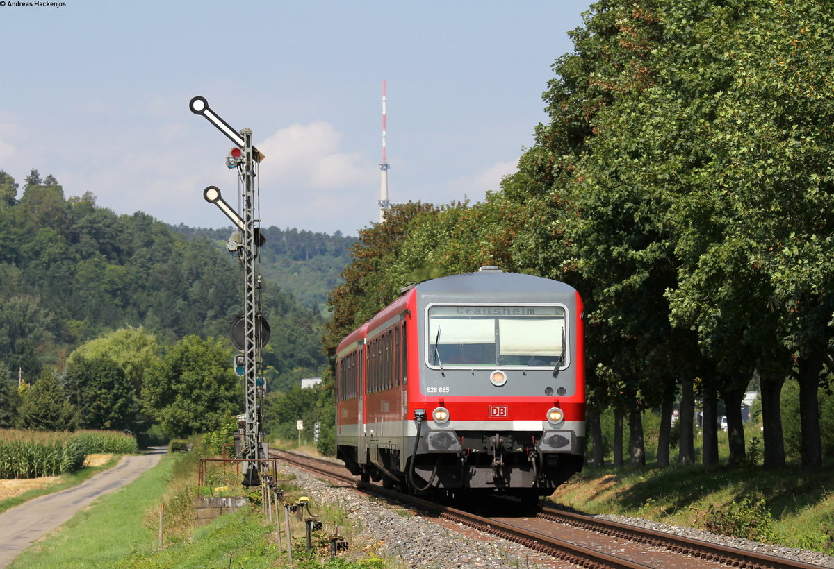 628 685-0 als RB 23529 (Würzburg Hbf-Crailsheim) bei Markelsheim 15.8.16
