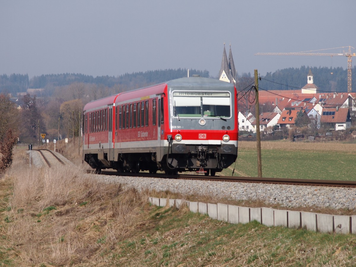 628/928 581 als S(A) 29321 von Altomünster nach Dachau Bahnhof, Aufgenommen am 03.03.14 bei Ried. Leider wurde am Endbahnhof das Zugziel nicht geändert.