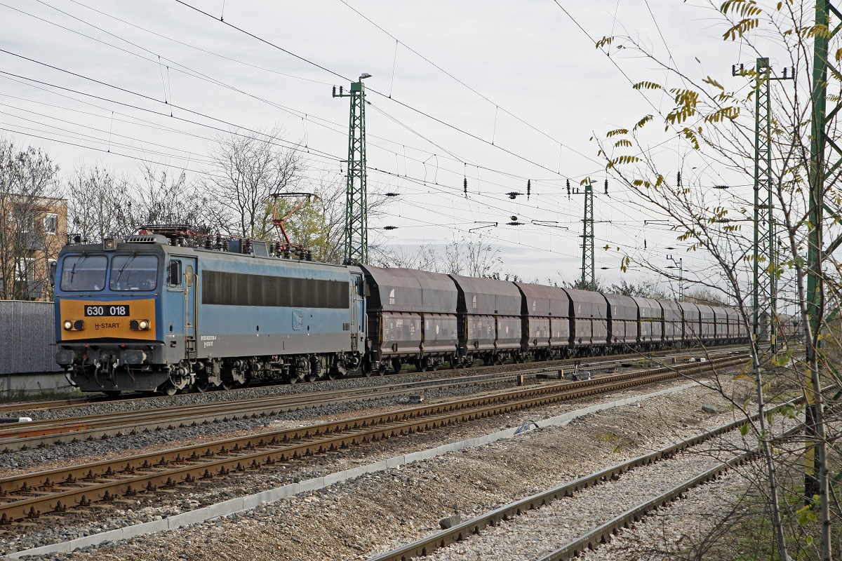 630 018 fährt am 16.11.2015 in Hegyeshalom mit einem Güterzug ein.