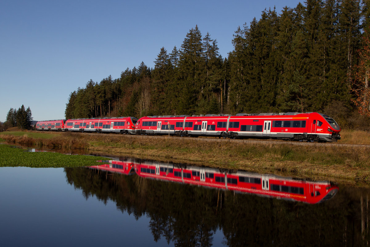 633 034 mit zwei weiteren baugleichen Triebwagen am Weiher bei Ruderatshofen. 7.11.20