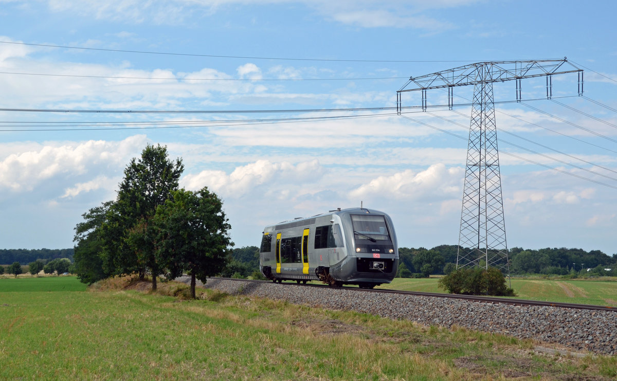 641 034 war am 31.07.16 von Leipzig aus unterwegs nach Bad Lausick. Hier passiert er Belgershain.