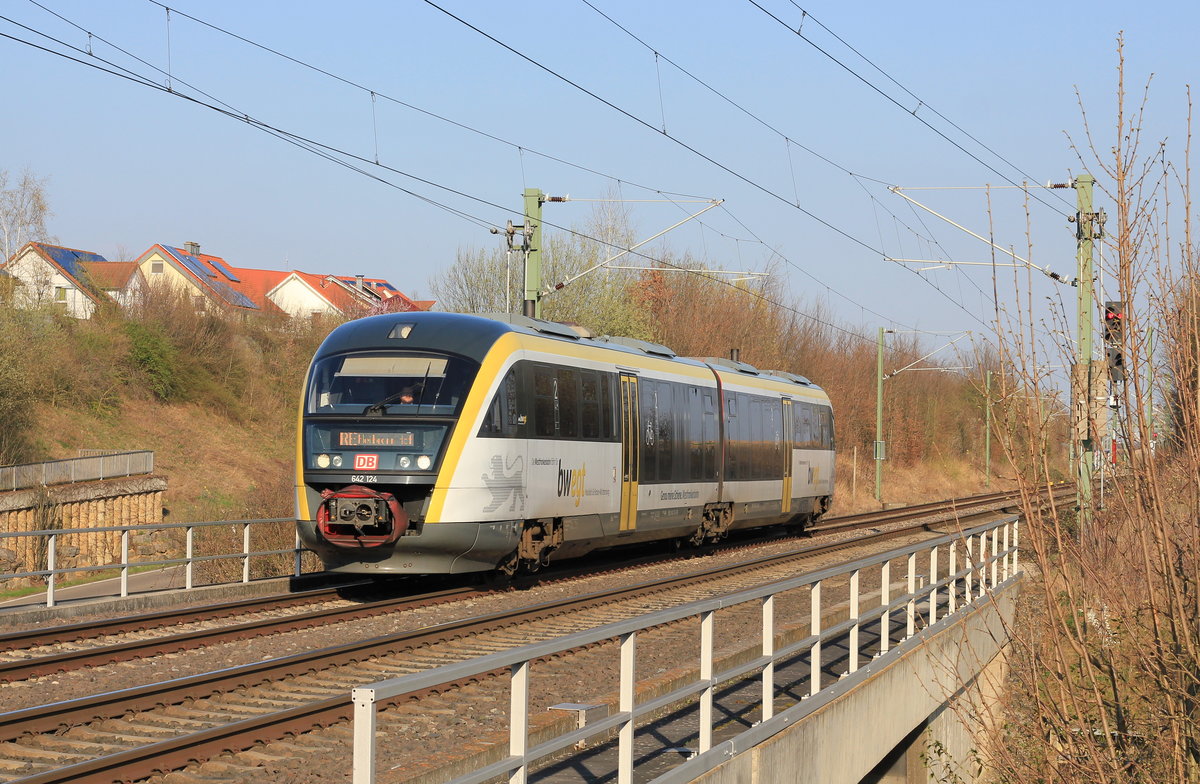 642 124  bwgt  als RE 23432 Hessental-Crailsheim am 19.03.2020 zwischen Öhringen-Cappel und Hbf. 
