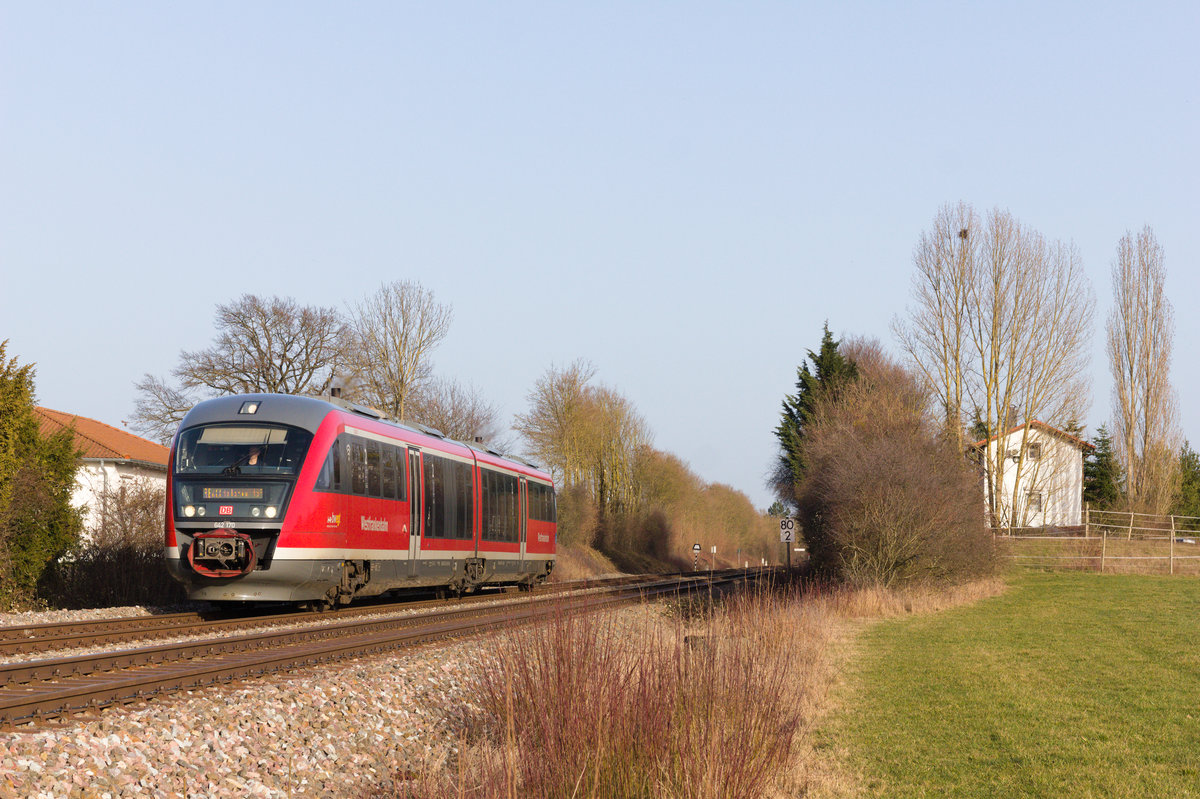 642 170 als RB83 Hessental-Heilbronn am 25.02.2021 an ehemaligen Posten 75 bei Waldenburg. 
