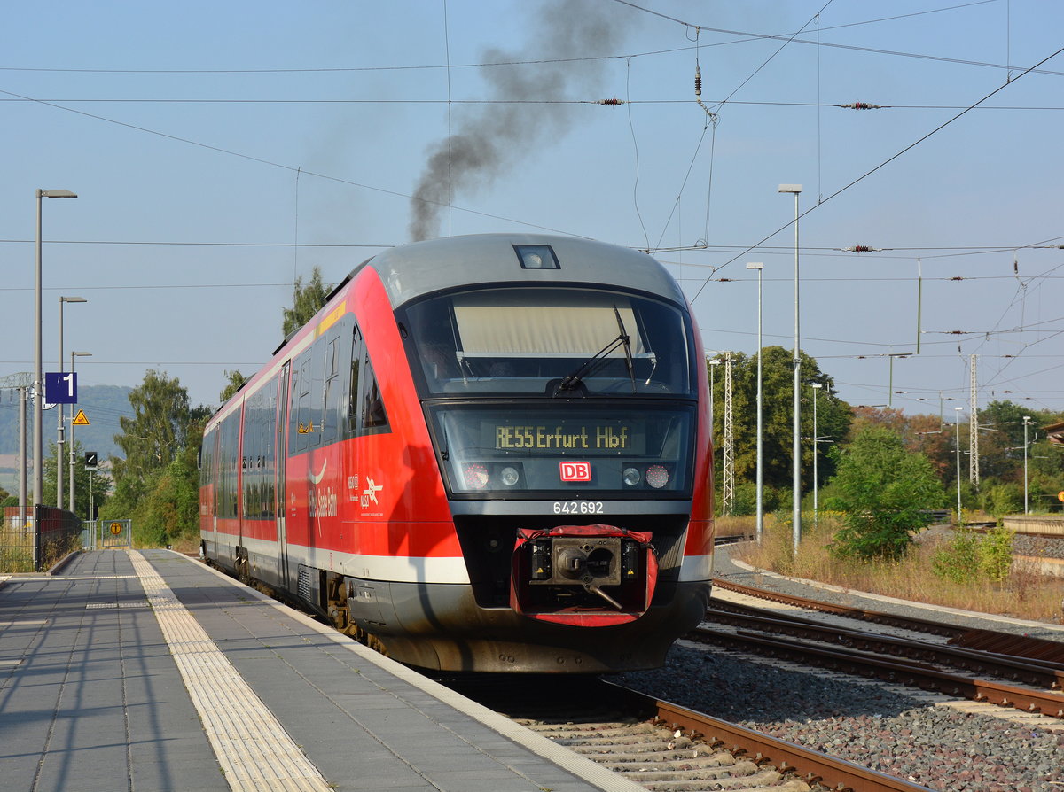 642 192 fährt in Wolkramshausen aus als RE55 nach Erfurt.

Wolkramshausen 09.08.2018