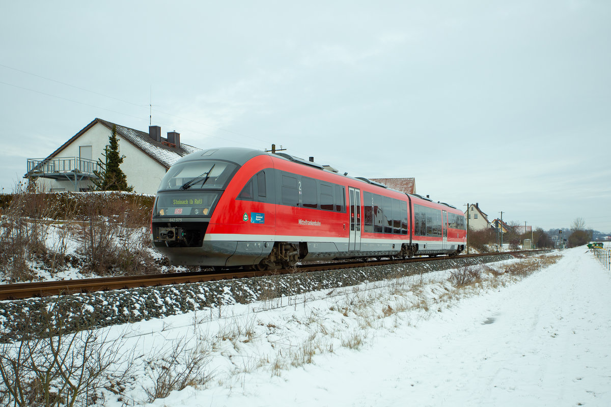 642 575 bei winterlichen Verhältnissen Richtung Steinach b. Roth. o.d.T. bei der Durchfahrt durch Birkenfeld. Aufgenommen am 27.01.21 um 12:38.