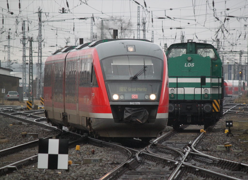 642 579-6 als RB12(RB 13239)nach Graal-Mritz bei der Bereitstellung im Rostocker Hbf.12.02.2016