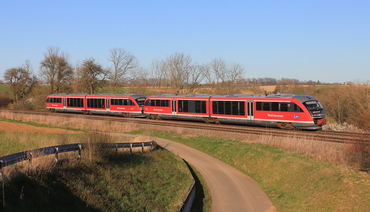 642 686+673 als RE Heilbronn-Crailsheim am 30.03.2020 bei Öhringen-Cappel. 