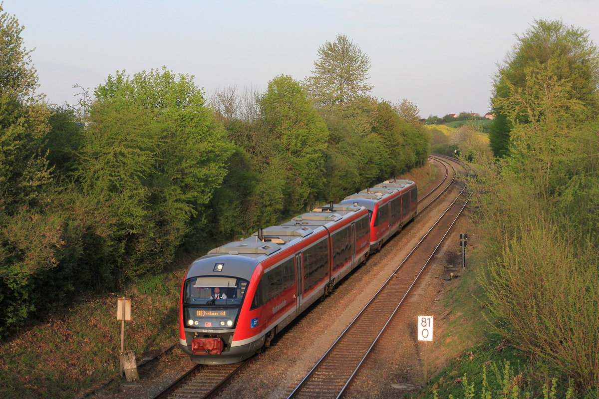 642 707 mit weiterem Bruder als RE Crailsheim-Heilbronn am 17.04.2020 bei Waldenburg. 