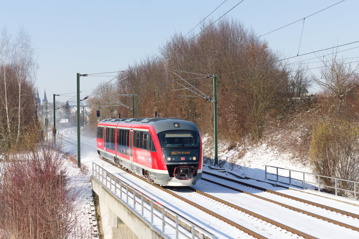 642 723 als RE Heilbronn-Hessental am 11.02.2021 bei Öhringen-Cappel. 