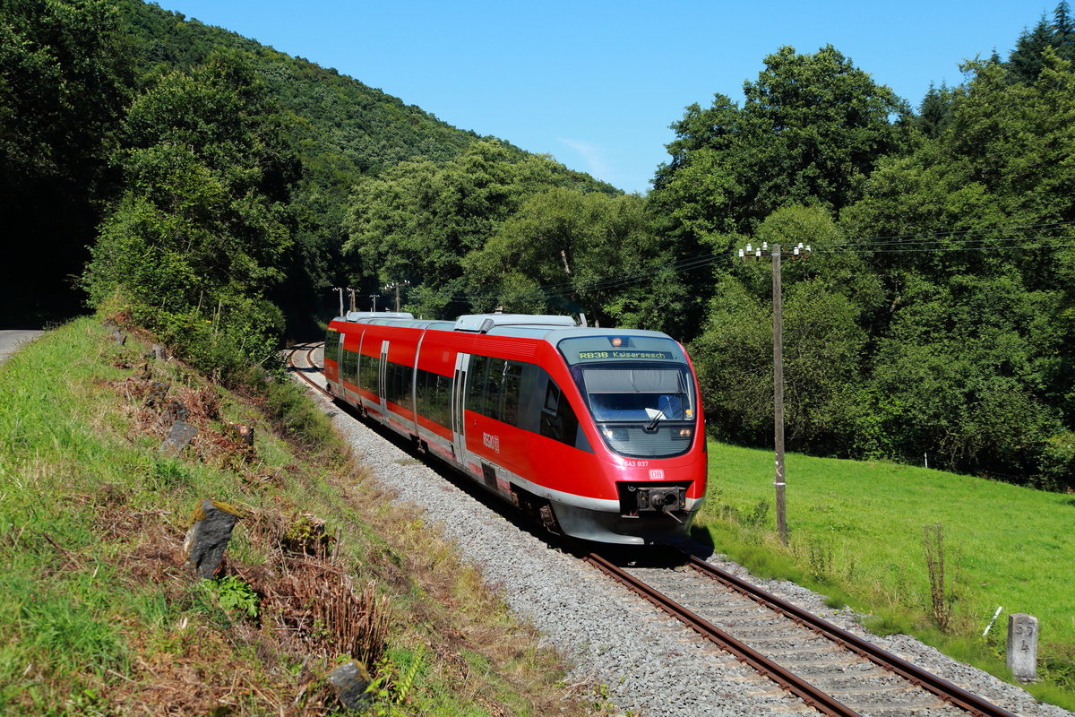 643 037 am 07.08.2016 unterwegs auf der Eifelquerbahn (Andernach - Kaisersesch) zwischen Monreal und Urmersbach.