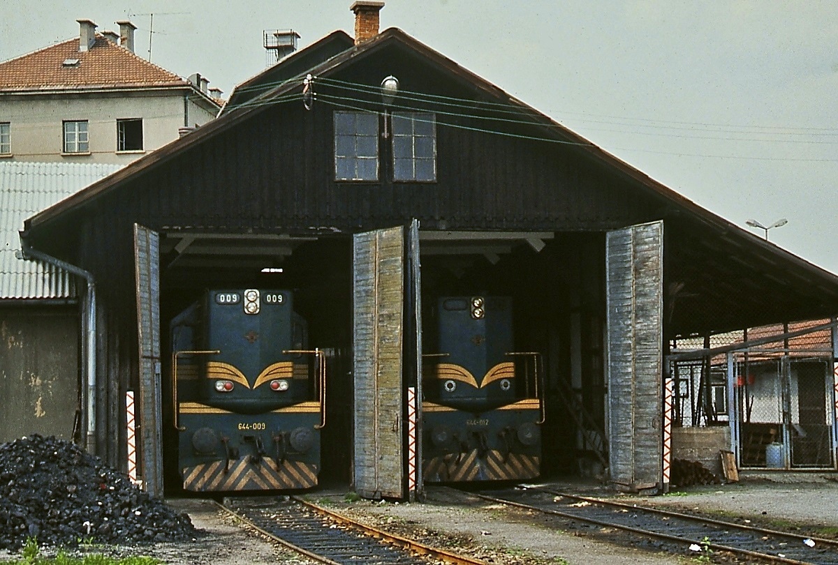 644-009 und 644-012 der JZ am 03.05.1989 im Lokschuppen von Novo Mesto