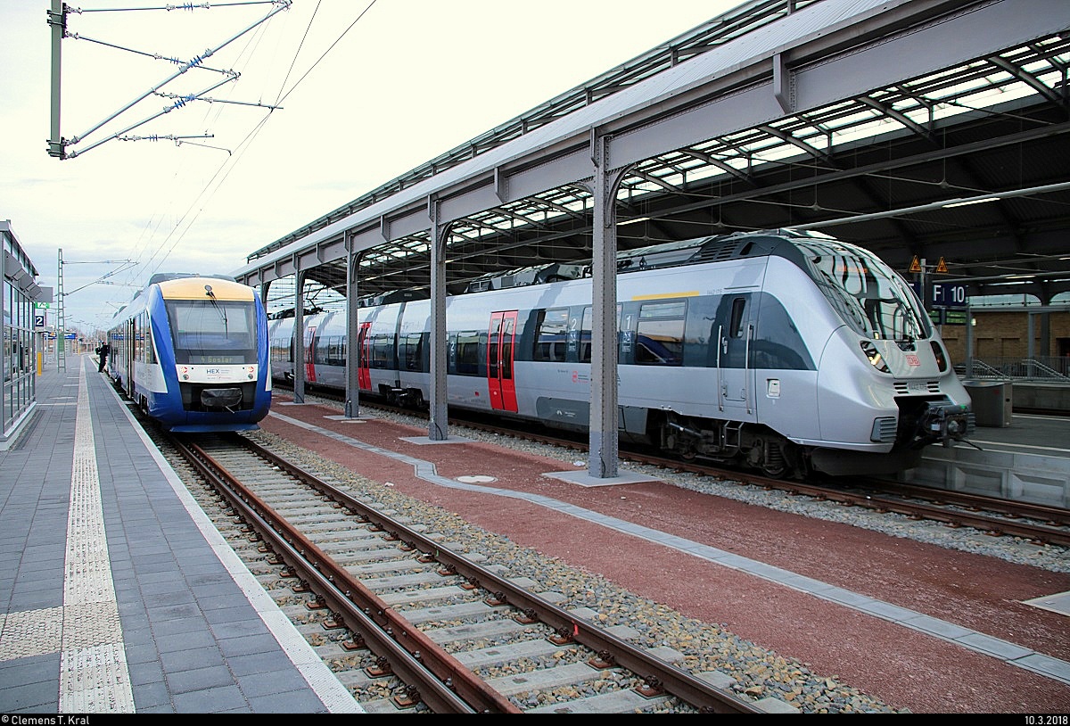 648 282-1  Der Ilsetaler  (VT 804 | Alstom Coradia LINT 41) von Transdev Sachsen-Anhalt (HarzElbeExpress) als HEX80418 (HEX 4) nach Goslar trifft auf 1442 175 (Bombardier Talent 2) der S-Bahn Mitteldeutschland (MDSB II | DB Regio Südost) als S 37862 (S8) nach Lutherstadt Wittenberg Hbf in ihrem Startbahnhof Halle (Saale)Hbf. [10.3.2018 | 17:28 Uhr]