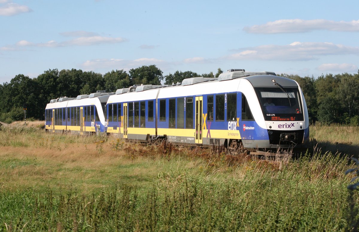 648 475 als erx 63729 (Buchholz [Nordheide]–Soltau [Han]) am 17.08.2016 zwischen Schneverdingen und Wolterdingen