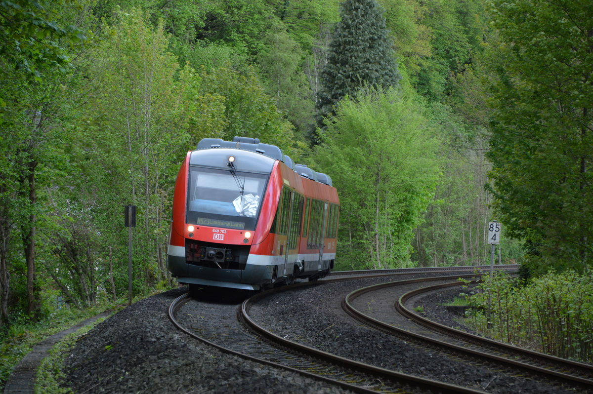 648 703 als RB 23 von Mayen Ost nach Limburg in Bad Ems Wiesbach

Aufnahme Datum: 27.04.2019

Aufnahme Ort: Bad Ems