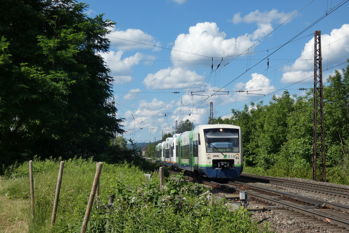 650 041  VT014  und zwei weitere Regio-Shuttle als S2 88391 (Denzlingen - Freiburg(Breisgau) Hbf) am 21.06.2020 bei Denzlingen.