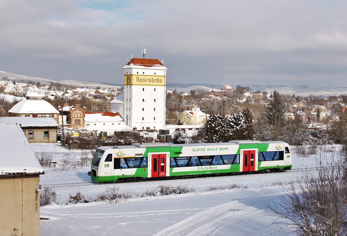 650 255 (RB22) als RB 80856 zu sehen am 13.02.21 in Pößneck oberer Bahnhof. Im Hintergrund sieht man die Rosenbrauerei von Pößneck.