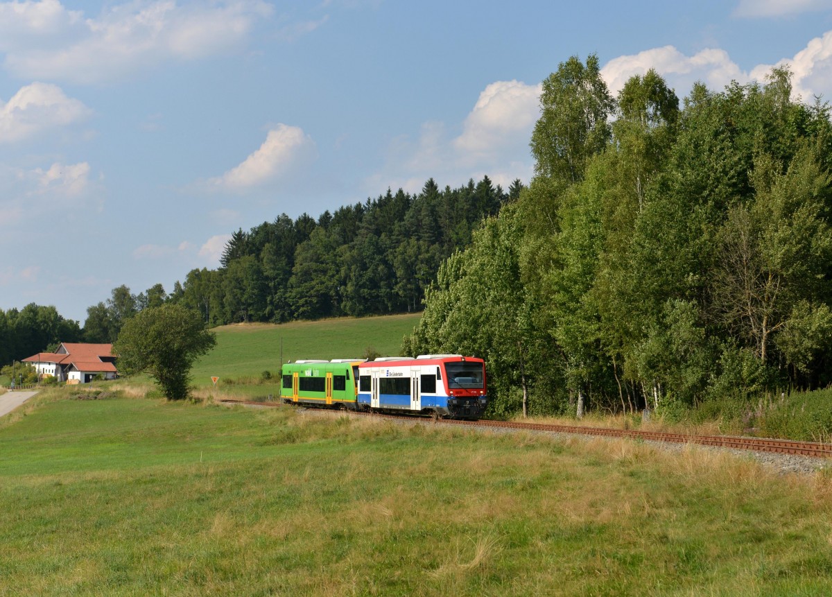 650 565 (VT 65) + 650 662 (VT 27) bei einer berfhrungsfahrt von Viechtach nach Zwiesel am 17.08.2013 bei Gotteszell.