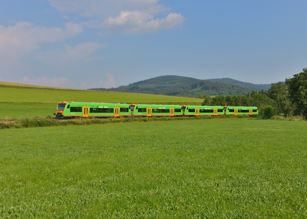 650 651 (VT 16) + 650 654 (VT 19) + 650 658 (VT 23) + 650 650 (VT 15) als Sonderzug nach Viechtach am 04.07.2015 bei Ruhmannsfelden. 
