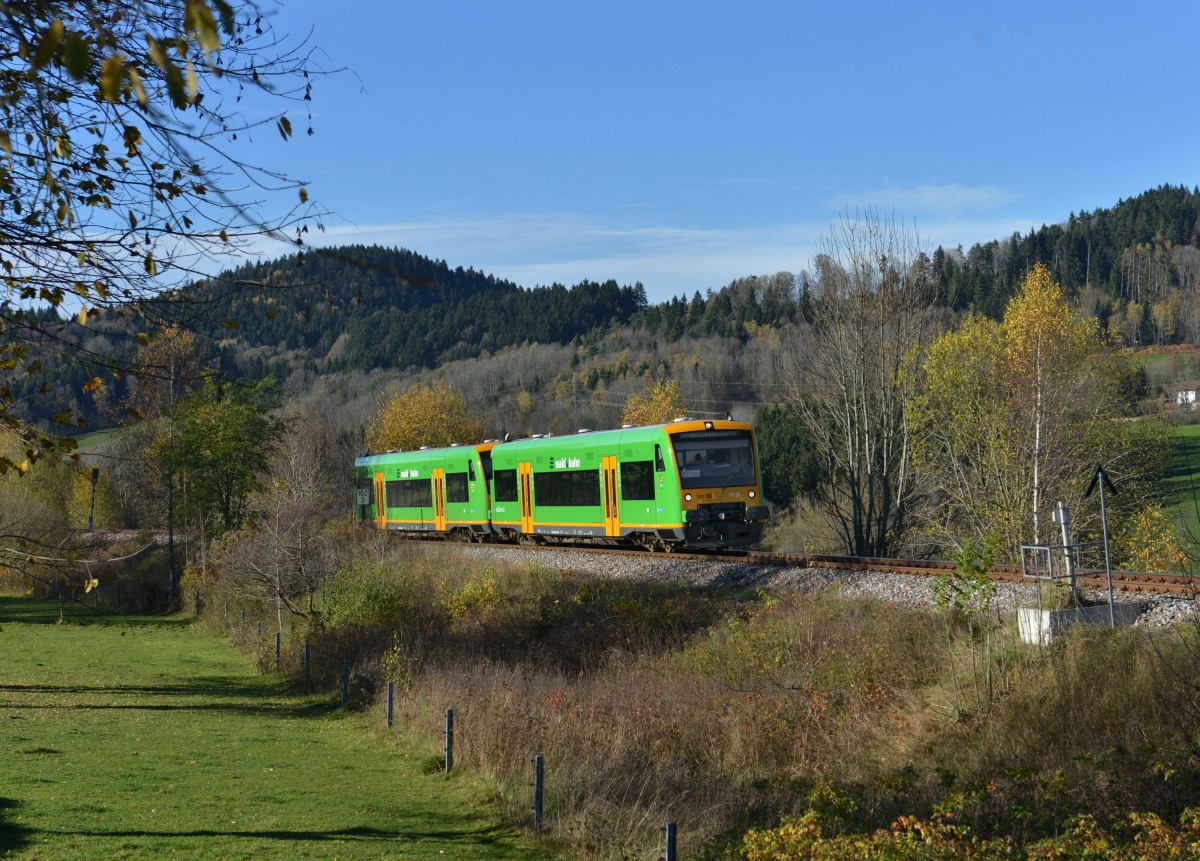 650 660 (VT 25) + 650 650 (VT 15) als RB nach Bayerisch Eisenstein am 28.10.2013 bei Triefenried.