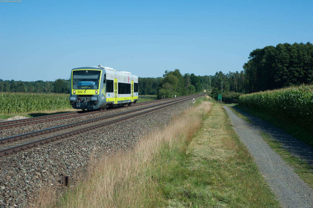 650 734 der agilis als Überführungsfahrt von Weiden nach Marktredwitz bei Oberteich, 07.08.2017