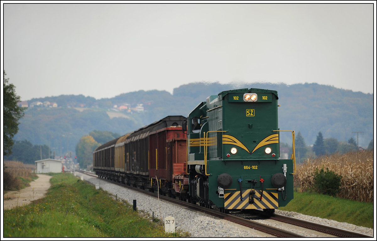 664-102 am 8.10.2013 auf dem Weg nach Pragersko, aufgenommen vor der Haltestelle in Osluevci.   
