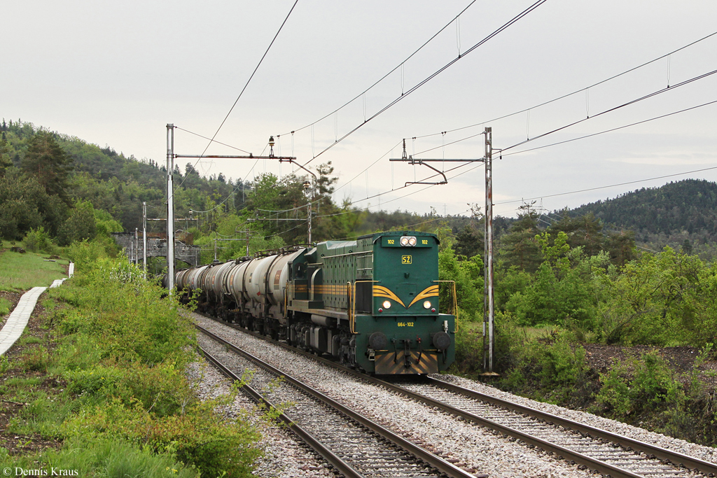 664 102 mit einem Güterzug am 04.05.2014 bei Rakek.