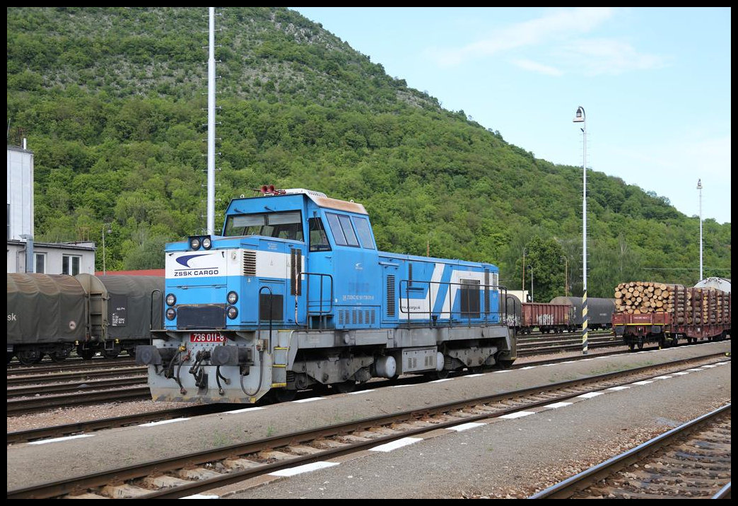 736011-8 rangiert am 13.5.2019 im Bahnhof Plesivec.