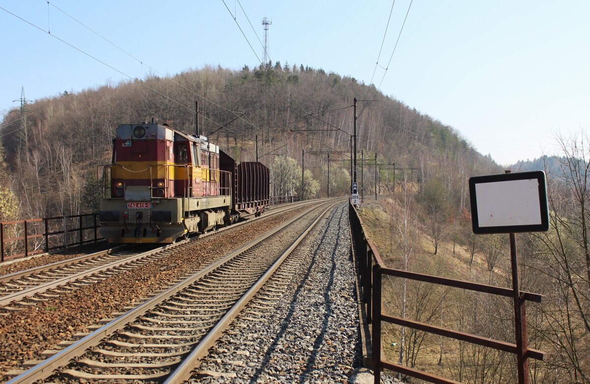 742 419-5 mit einem leeren Holzwaggon zu sehen am 28.03.22 in Královské Poříčí. Foto entstand vom Bahnsteigende!