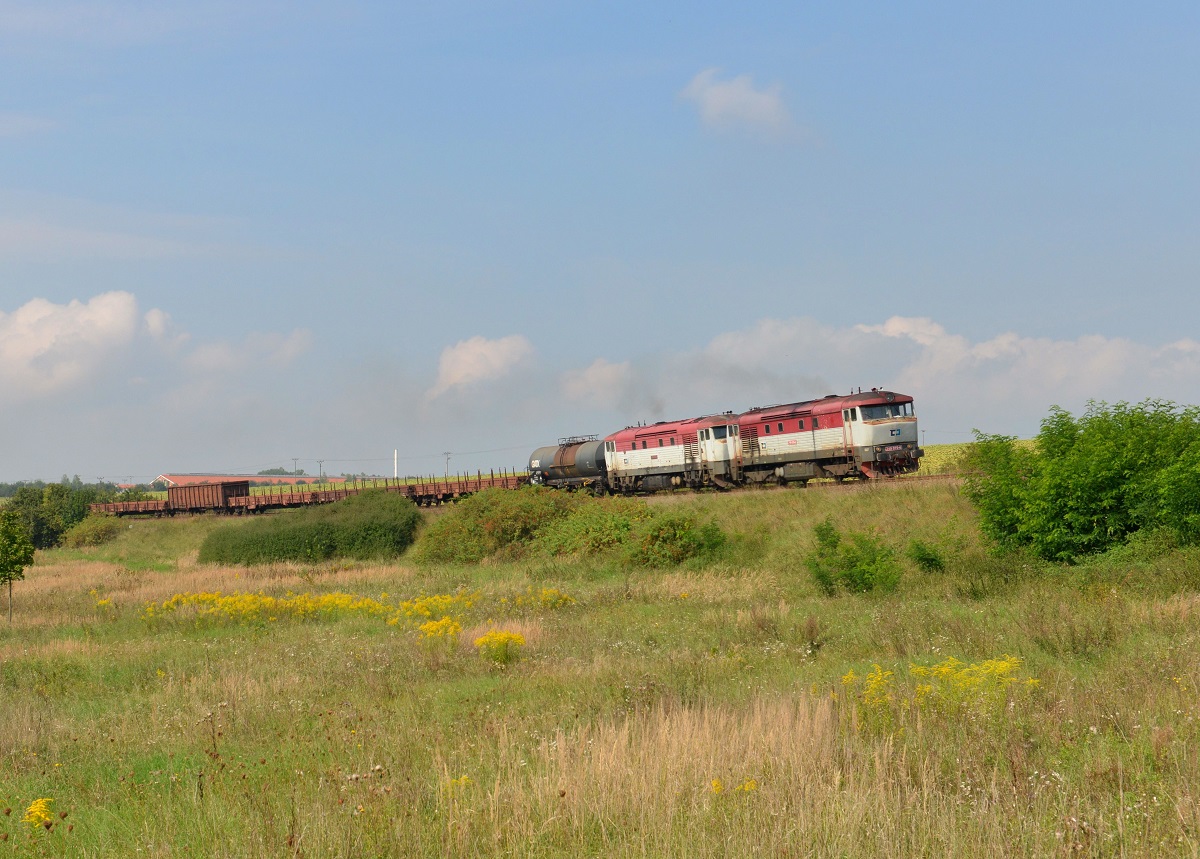 749 019 + 749 187 mit einem umgeleiteten Güterzug am 06.09.2014 bei Stod.