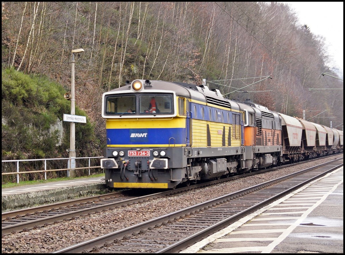 753 734 und 753 725 der Advanced World Transport a.s. (AWT)in Schmilka-Hirschmühle. 31.01.2015
