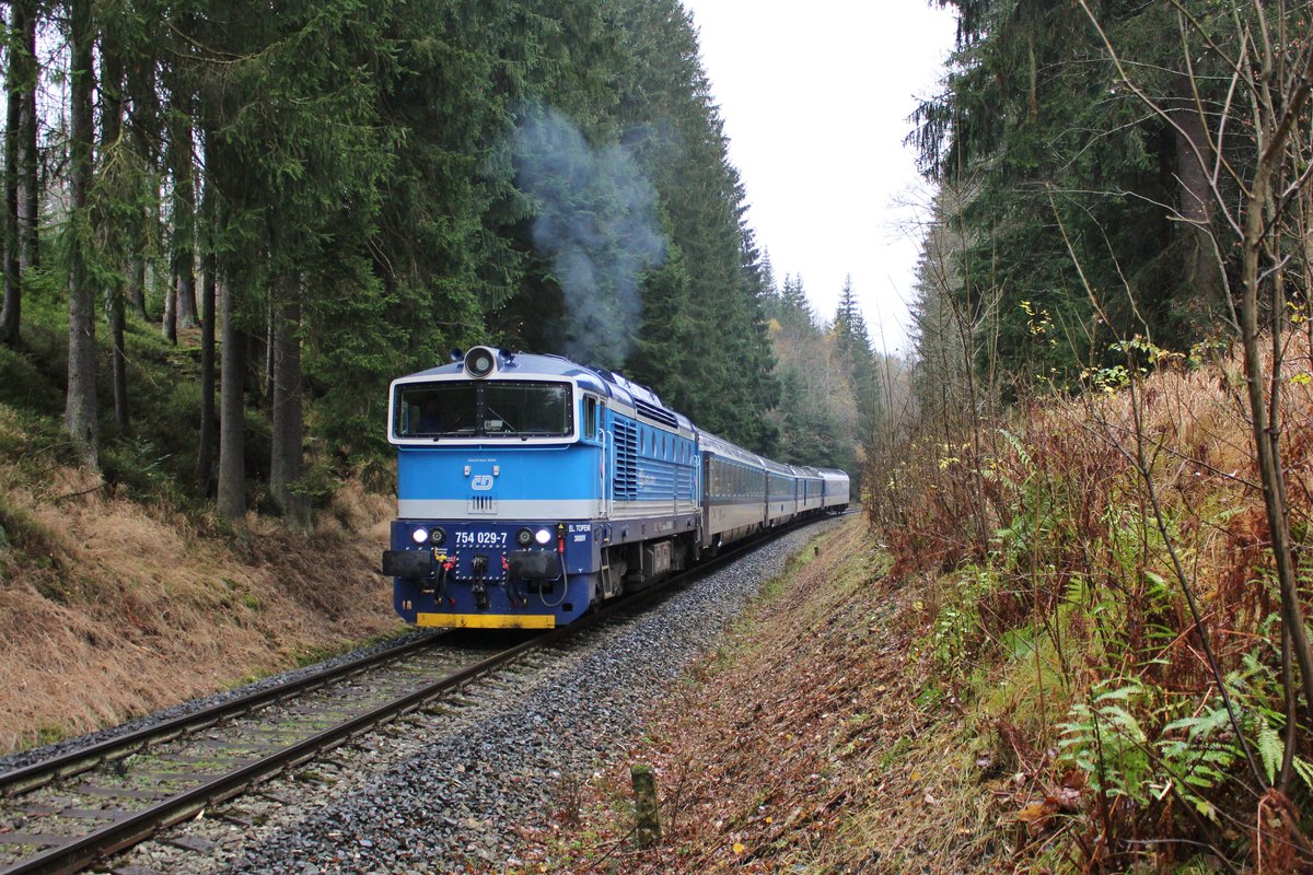 754 029 mit dem R 767 zu sehen am 09.11.19 bei der Ausfahrt in Železná Ruda-Alžbětín.