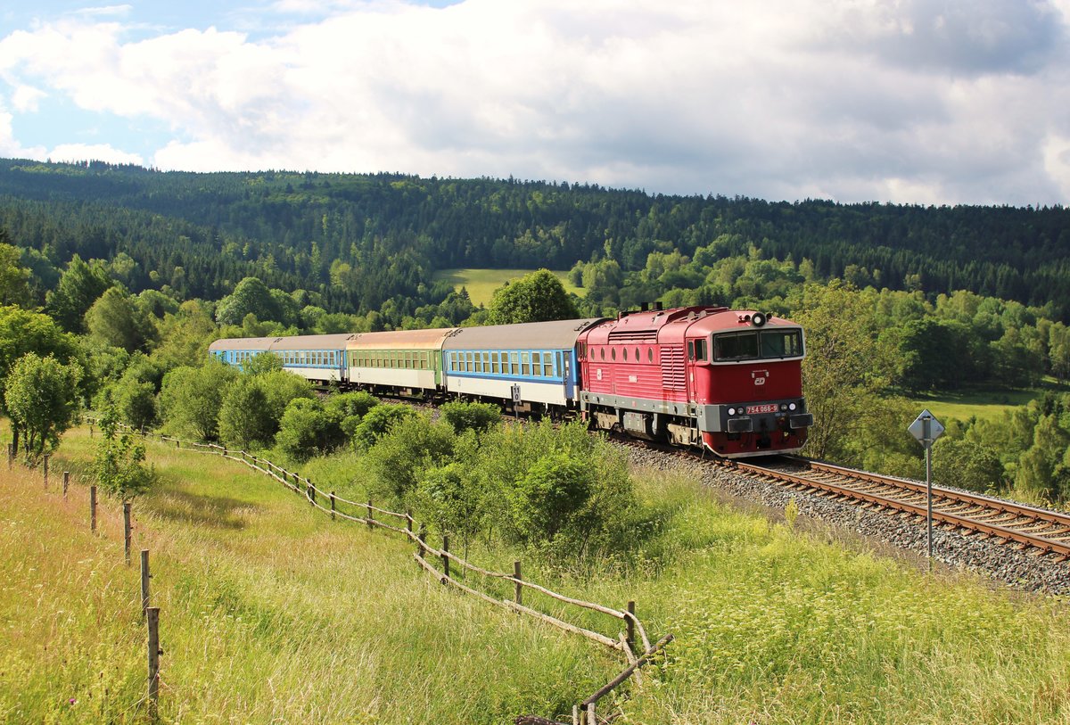 754 066-9 mit dem Rx 775 Točník zu sehen am 26.06.17 in Hojsova Stráž-Brčálník.